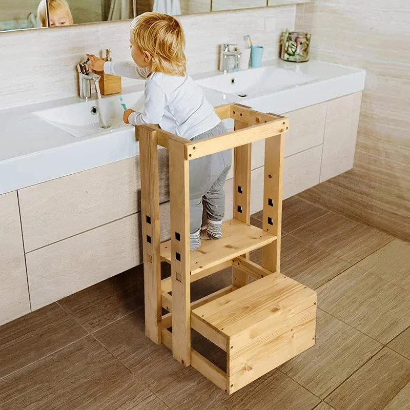 Wooden Learning Tower Toddler Kitchen Assistant Stool Adjustable Height
