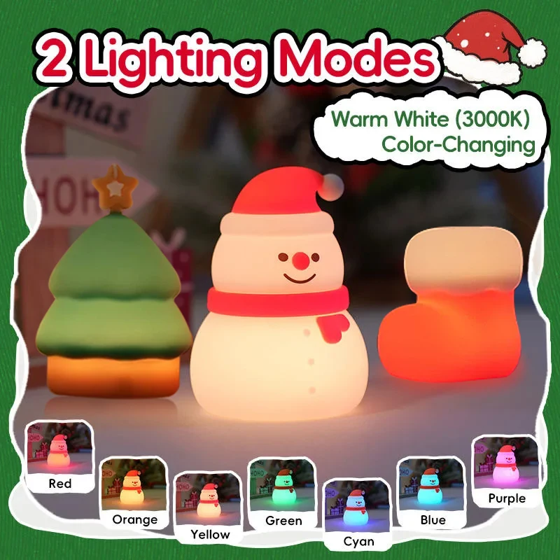 Christmas Cartoon Night Light 7Color Changing Socks Snowman Silicone Lamp Tapping Open Christmas Tree Decor Lights Kids Gifts