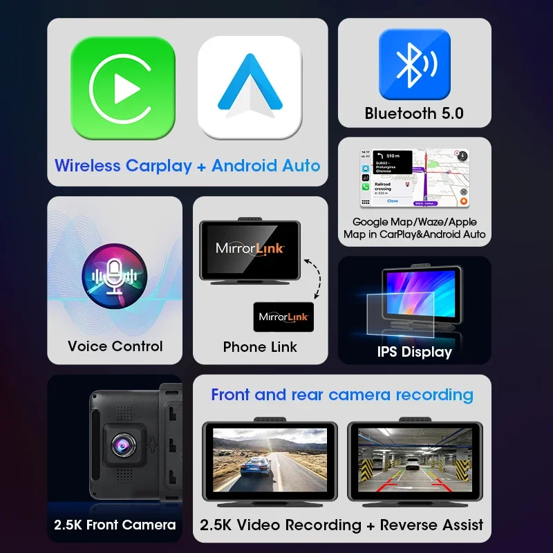 7 Inch 2.5K DVR Wireless Carplay Android Auto Universal Car Radio Touch Screen Monitor Camera Dash Dual Lens For Ford KIA VW BMW
