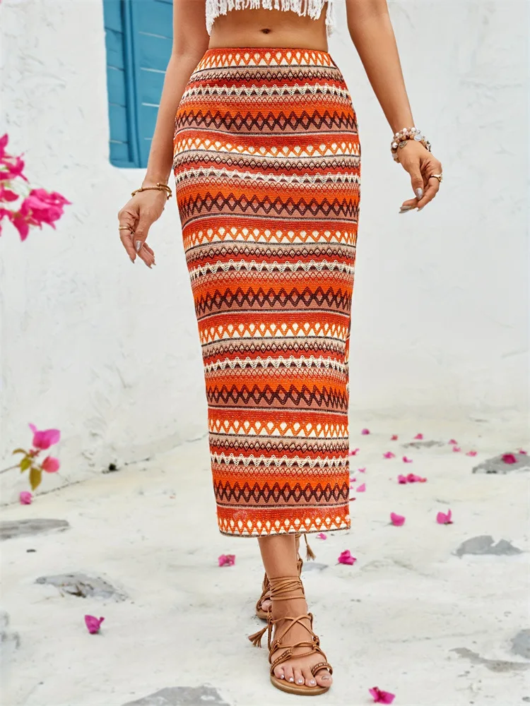 

2024 New Ethnic Style Knitted Contrast Color Stretch Slit Skirt Elegant Skirt Women's Skirt