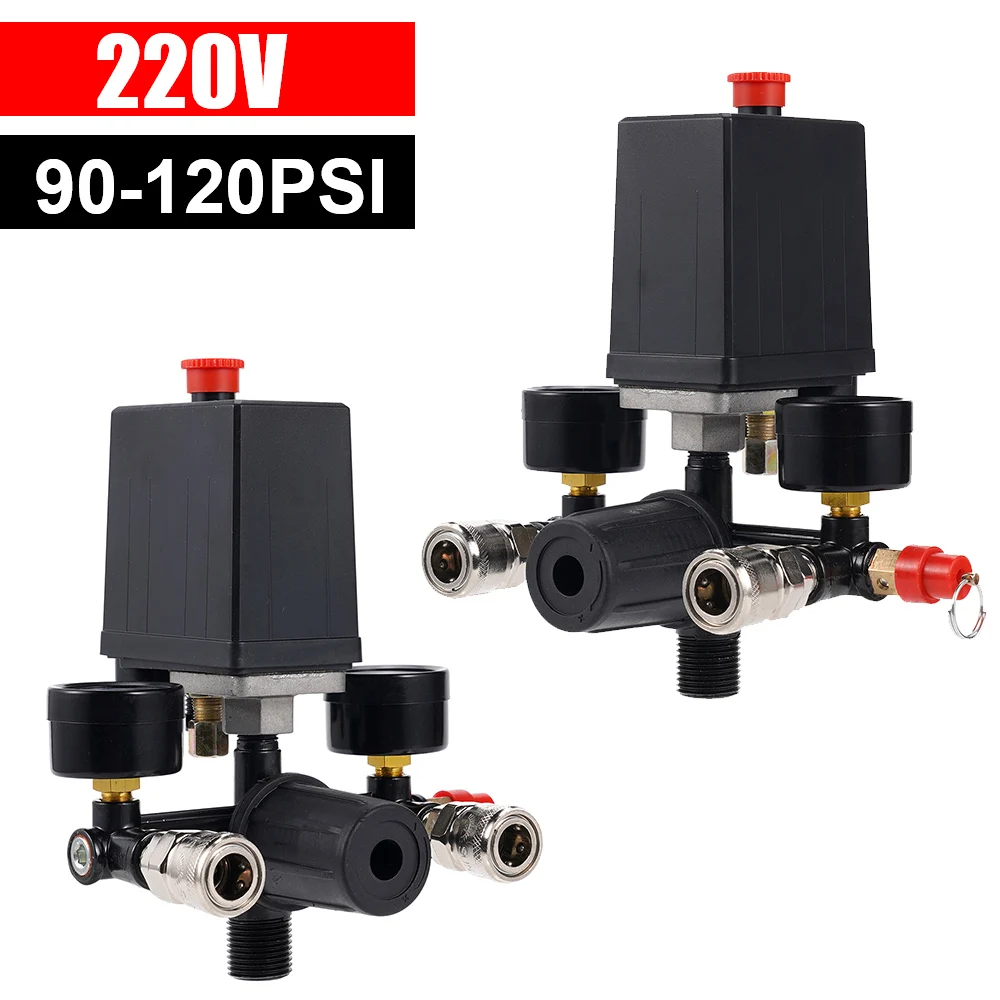 4 Port Air Compressor 220V All Black Bracket With Switch Manifold Pressure Regulator Aluminum Alloy Safety Pressure Valve