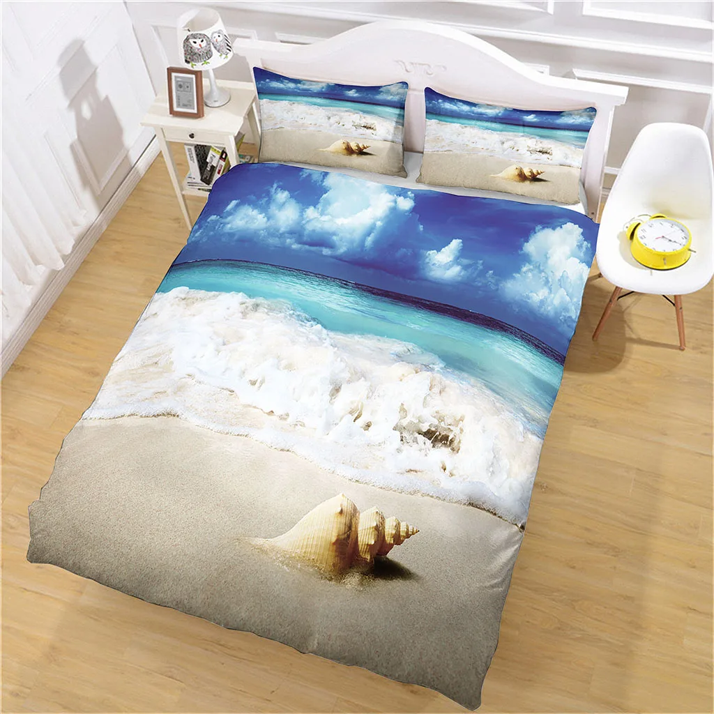 

HUANZHUANG Duvet Cover Bedding Set Blue Beach Conch Microfiber Pillowcase Quilt Cover 3 Piece Set For Boys Girl With 2 Pillow Sh