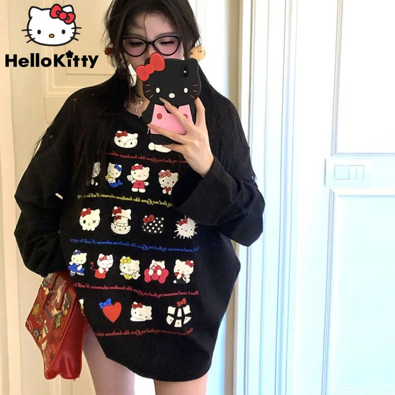 Sanrio Hello Kitty Y2k Sweet Spicy Girl Style Tees Trendy Cute Round Neck Long Sleeved T-shirt Korean Version Loose Slimming Top