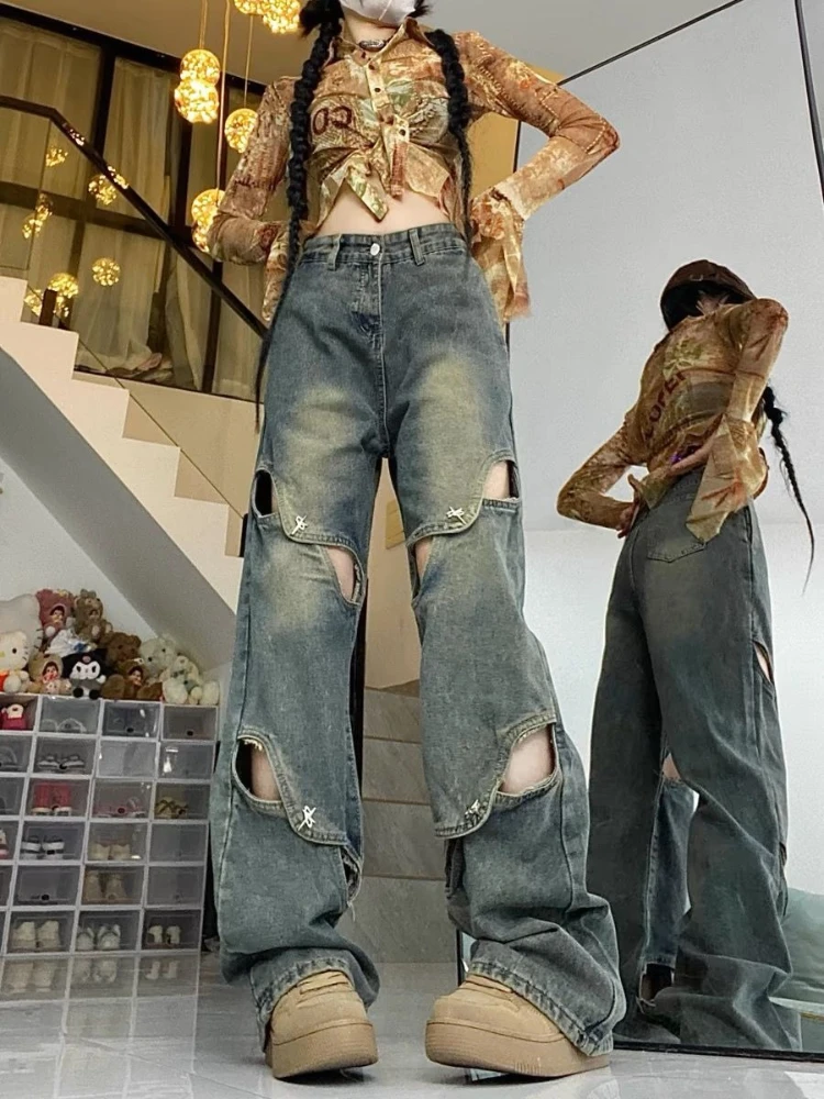 

Women High Waist Denim Pants Y2K Streetwear Baggy Wide Leg Jeans Summer Hollow Out Straight Trousers