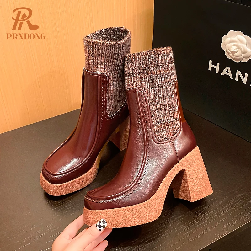 

PRXDONG INS Stretch Wool Genuine Leather Brand Sock Ankle Boots Chunky High Heels Platform Autumn Winter Warm Female Short Boots