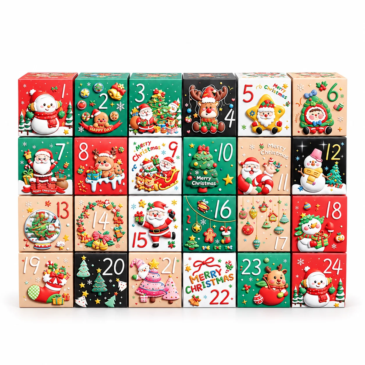 Christmas Countdown Boxes, 24 Count, Printed Square Boxes for Tabletop Displays