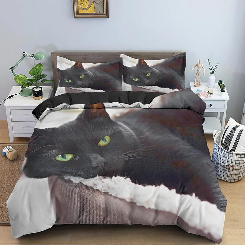 Black Cat Bedding Set King Queen Size 3D Cute Dark Blue Pet Kitty Bedroom Decor Duvet Cover for Kids Teens Adult with Pillowcase