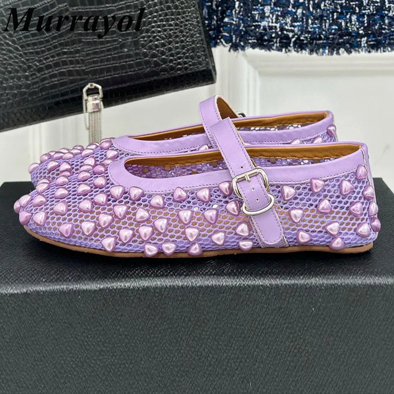 

Mesh Hollow Out Heart-shaped Decor Mary Jane Shoes Women Belt Buckle Design Flat Ballet Shoes Summer Single Shoes Loafers