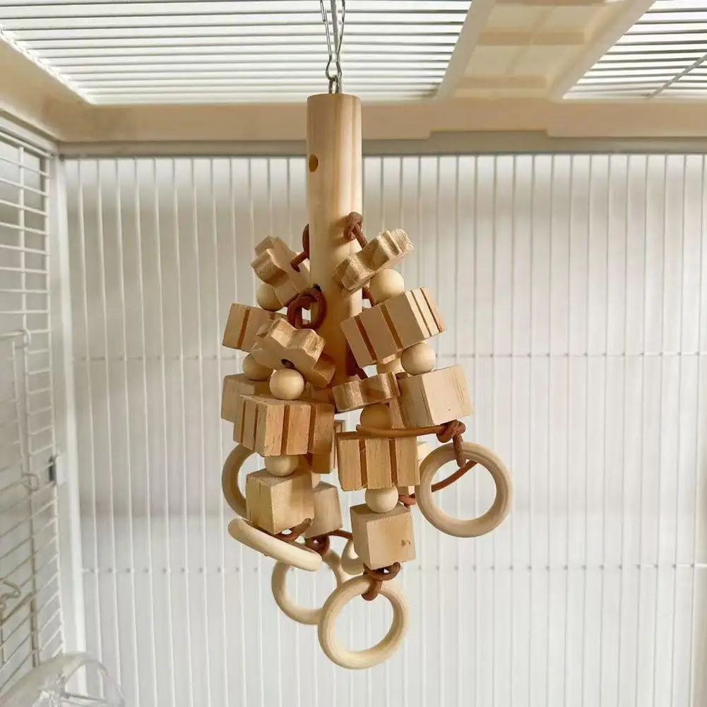 Safe Parrot Toy Wood Blocks Parrot Chew Toy with Wooden Rings Hanging Bird Cage Accessory for Parakeet Conure Cockatiel view 4