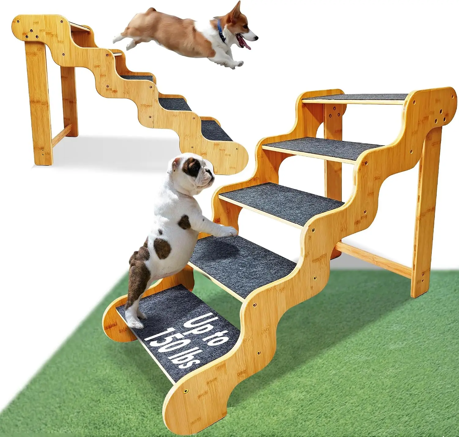 Dog Steps for Bed,24 Inches 5 Step Dog Stairs for Senior Pets to Get On 30 Inches High Beds/Car,Made of Bamboo Can Support Large