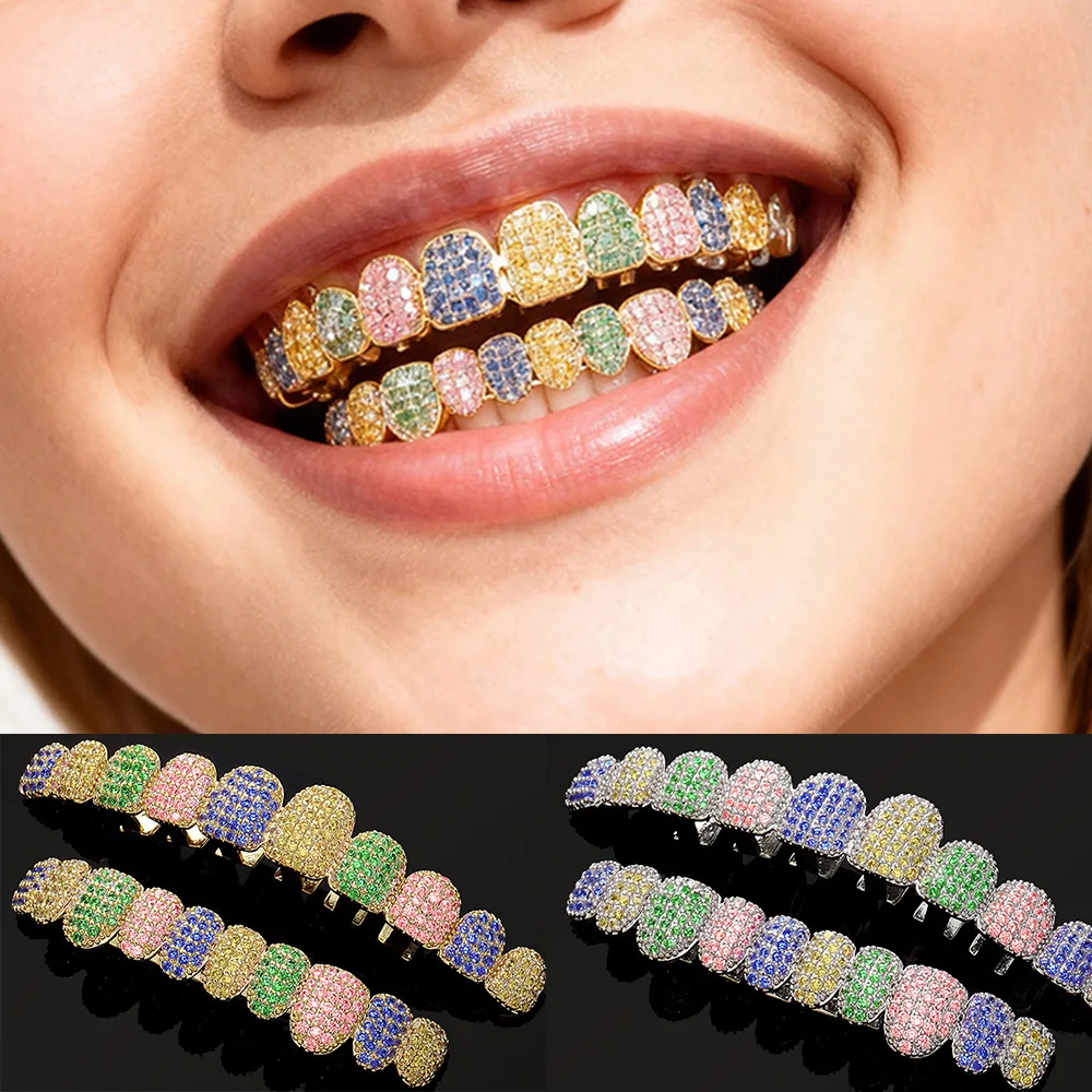 YOUNGX 10/10 Iced Out Full Colorful CZ Stone Teeth Grillz Hip Hop Shiny Colors Zircon Tooth Caps For Women Men Jewelry Cosplay