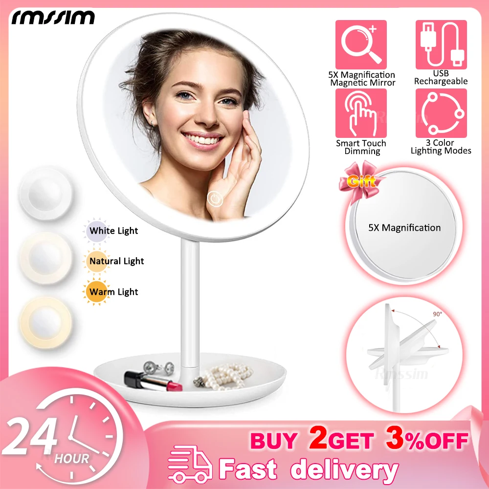 

NEW USB Vanity Mirror LED Makeup Mirror With Light Lamp With Storage Desktop Rotating Cosmetic Mirror Light Adjustable Dimming