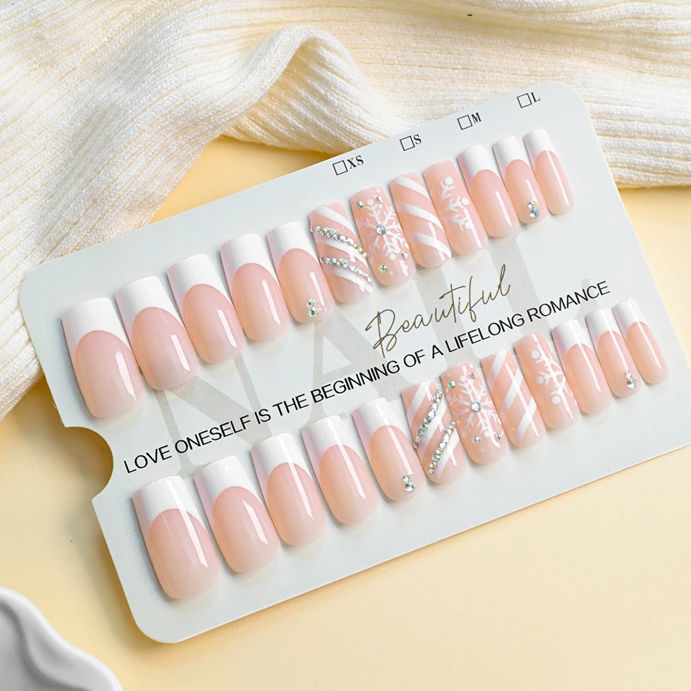24 stuks lange ballet opdruknagels met vonkende strass steentjes winter witte sneeuwvlok ontwerp nepnagels Franse strepen kunstnagels *