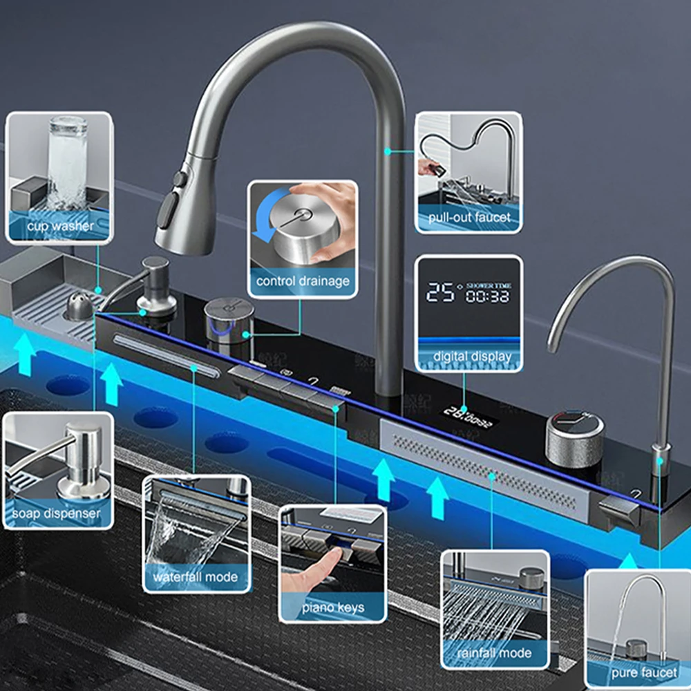

2026Hot SellingMultifunctional Kitchen Waterfall Sink Digital Display Large Single Gray Sink Dish Basin Sink 304 Stainless Steel