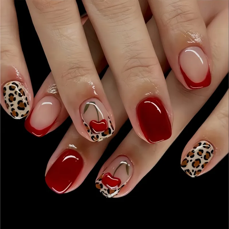 

24PCS French Tip Cherry Leopard Fake Nails Sweet Spicy Style Press on Nails Short Square Shape European American False Nails 네일팁