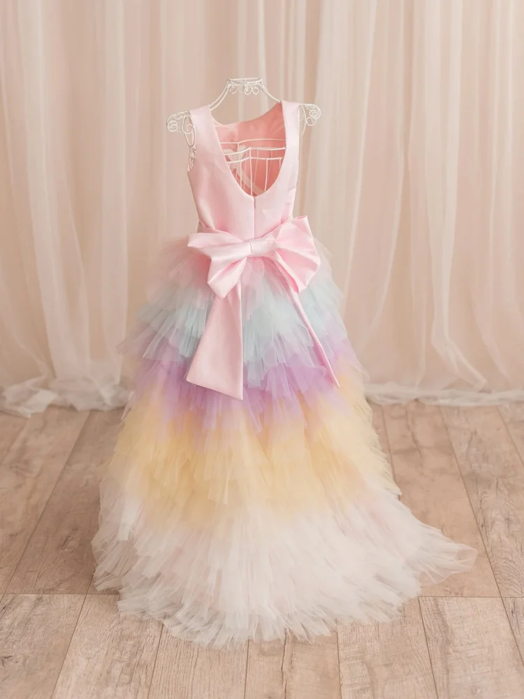 Custom Flower Girl Dress Back V Neck Oversized Bow Pastel Rainbow Tiered Ruffle Tulle Skirt Long Train Pageant Birthday Party