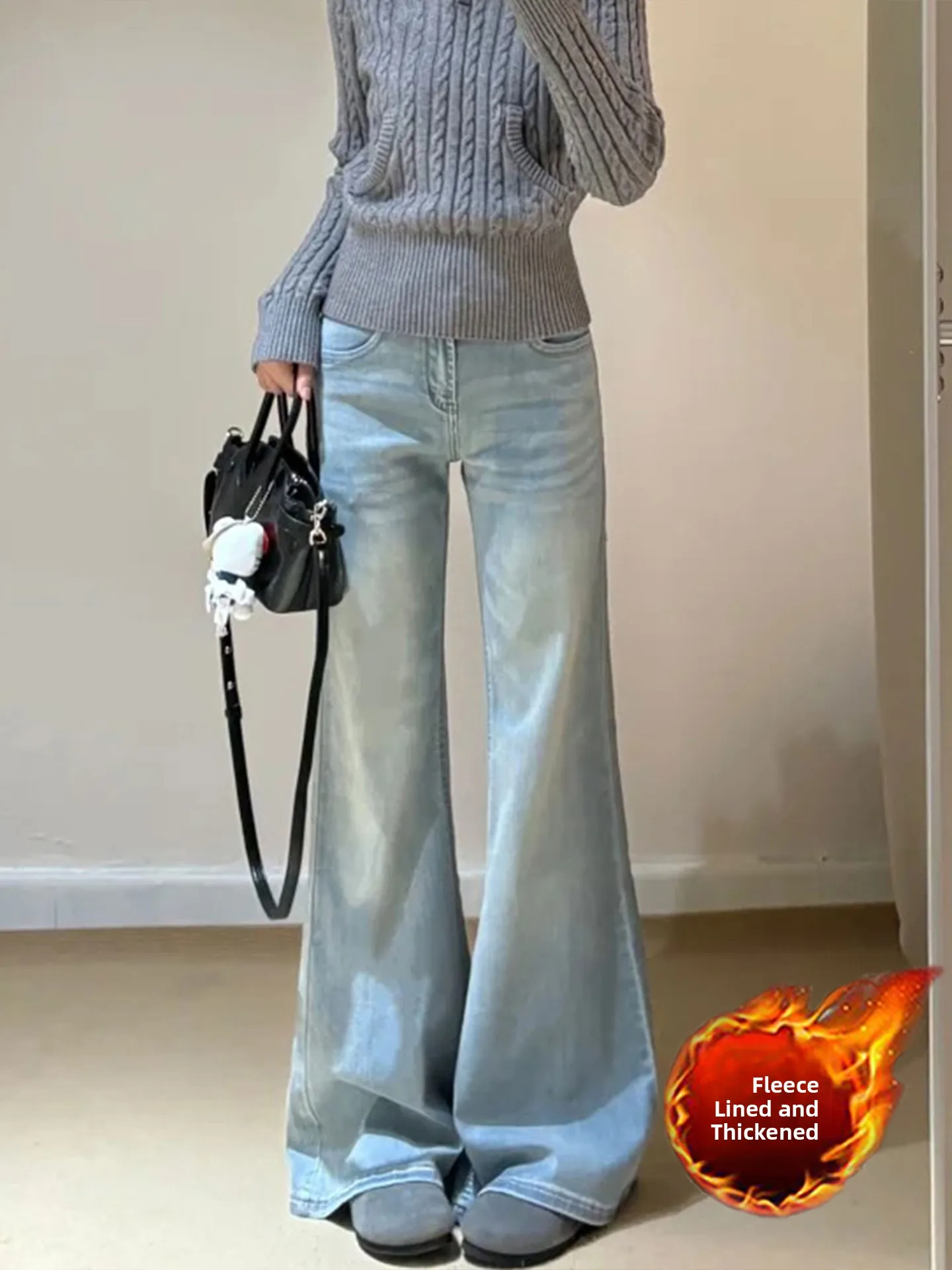 

High Waist Flared Jeans Women's Thiened Fce Autumn Winter Light Colored Slimming Long Pants Casual Sle Zipper Closure