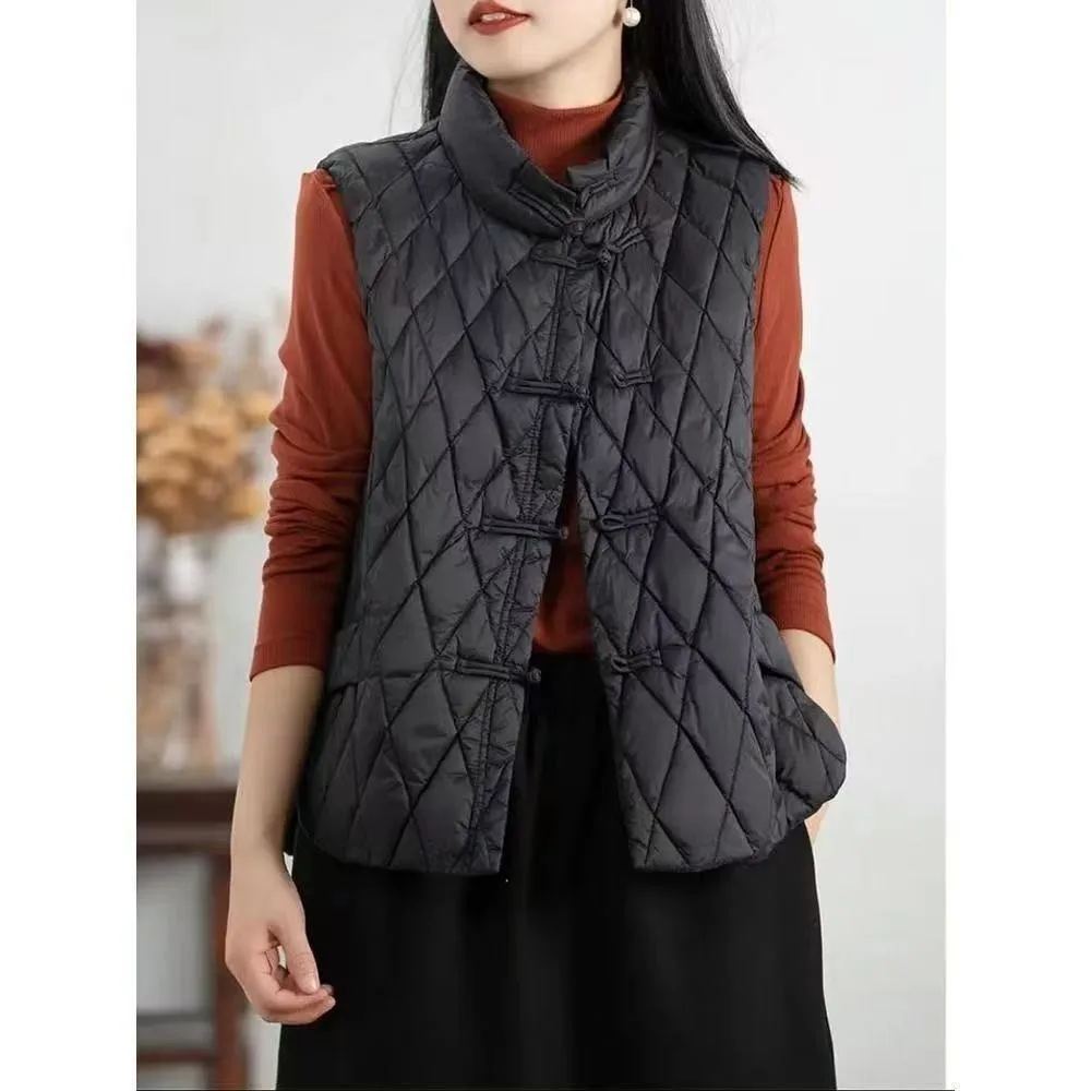 Autumn Winter Vest Women Sleeveless Cardigan Quilted Jacket Chic Tops Warm Button Pocket Solid Color Waistcoat Design Vests New