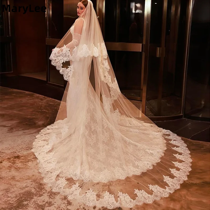 

Mantilla Lace Wedding Veil 2 Tiers Soft Lace Edge Long Bridal Veil with Comb White Ivory 3 Meters Bride Veil Wedding Accessories