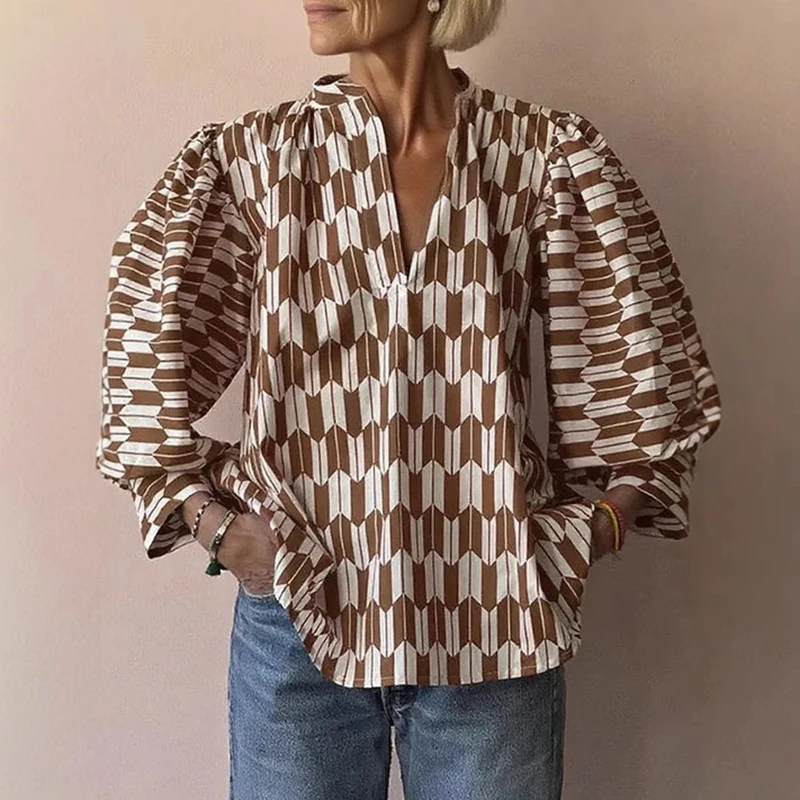 

Осенняя мода, пуловер с v-образным вырезом и длинными рукавами и принтом, повседневная уличная свободная женская футболка, винтажная рубашка для отпуска, богемная рубашка, блузки