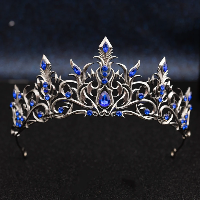 Gothic Black Metal Blue Crystal Tiara Crown Rhinestone Headpiece for Bride Women Girls Wedding Birthday Party Prom Stage Show Pa