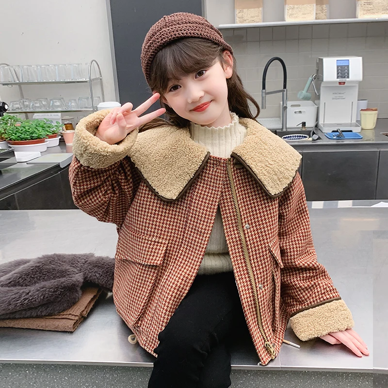 

3-13Y Child Outerwear Baby Casual Fashion Style Jacket Autumn Winter Houndstooth Thickened Fleece Lined Woolen Coat for Girl
