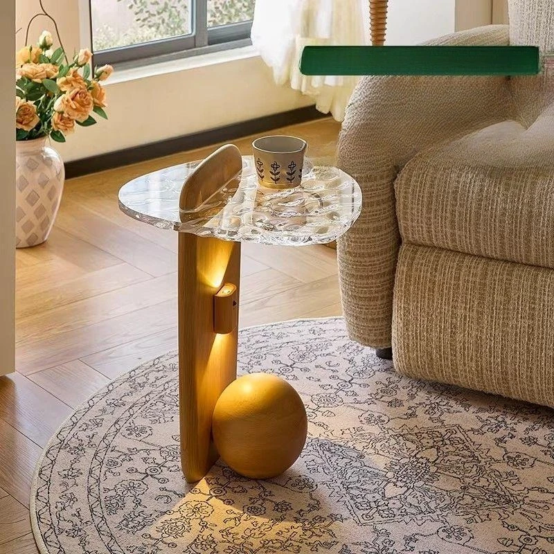 Ice pattern edge few small apartment medium and ancient style acrylic solid wood side table with lamp living room