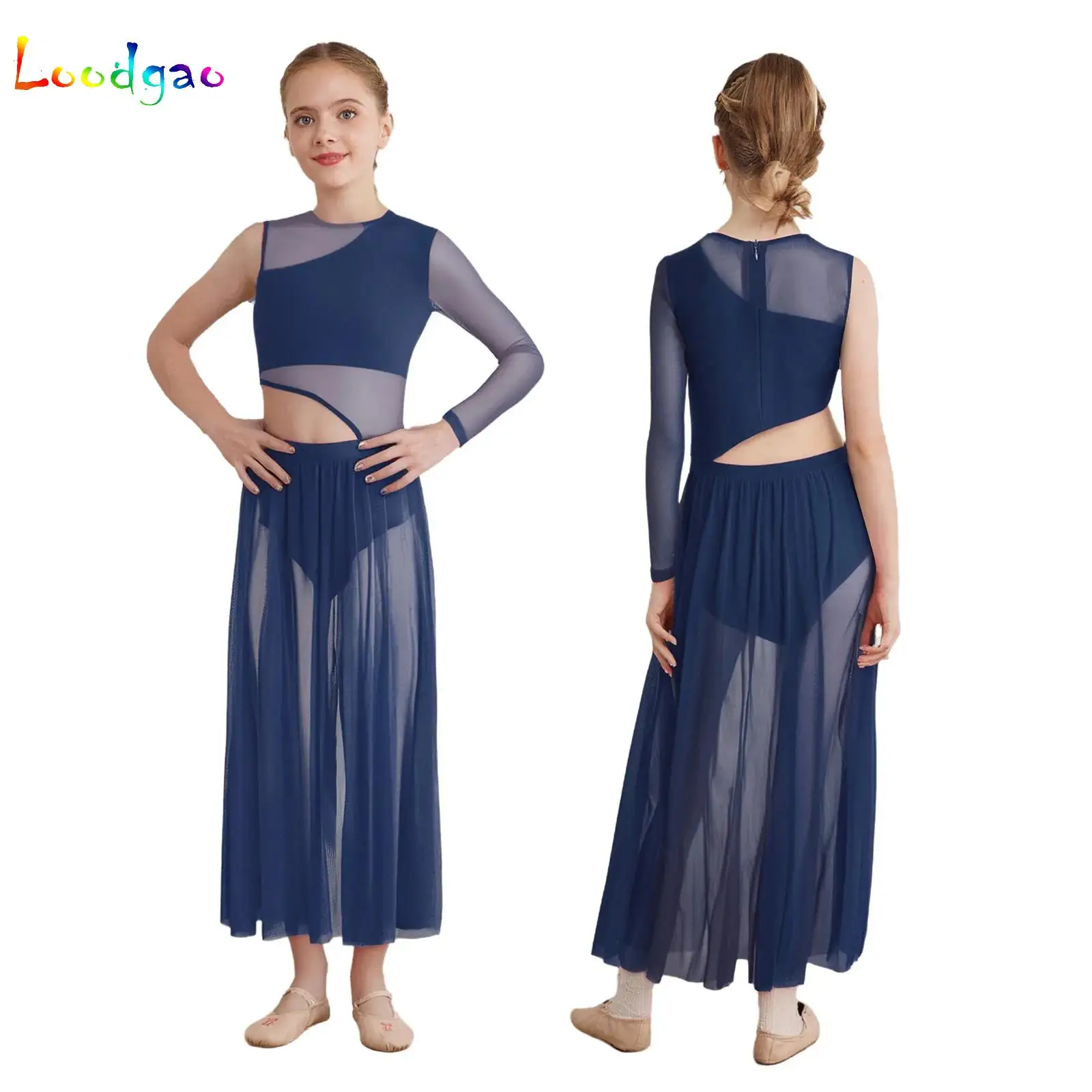 Kid Girls Lyrical Dance Maxi Dress Modern Contemporary Performance Costume Cutout Sheer Mesh Asymmetrical Dress Ballet Dancewear