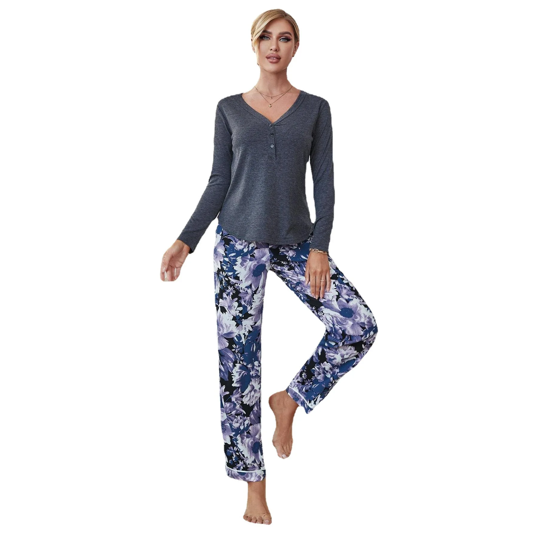 

Комплект домашней одежды на осень и зиму, женские пижамы с v-образным вырезом и длинными рукавами, которые можно носить на улице OZON