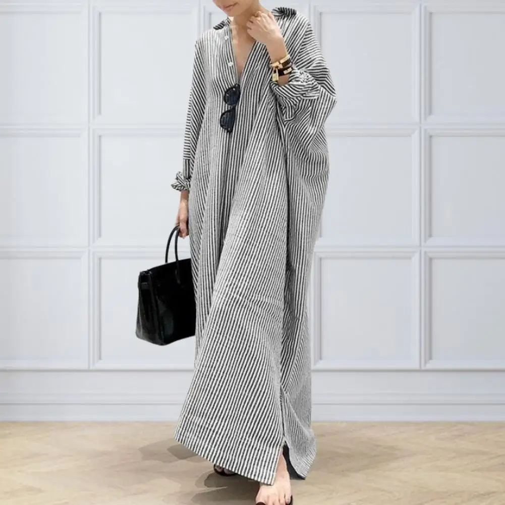 

Loose Fit Dress Striped Print Lapel Maxi Dress for Women Stylish Spring Shirt Type with Long Sleeve Single-breasted Split Hem