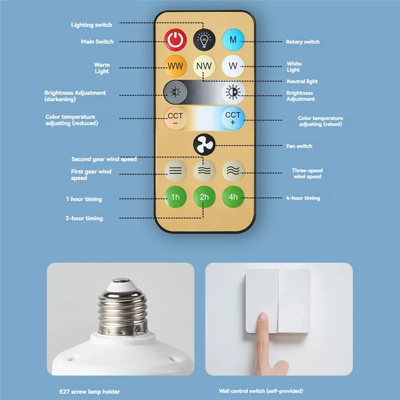 Luce ventola AK25-Socket con distanza telecomando 5M E27 Base LED dimmerabile a 3 velocità Tensione 85-265V 40W