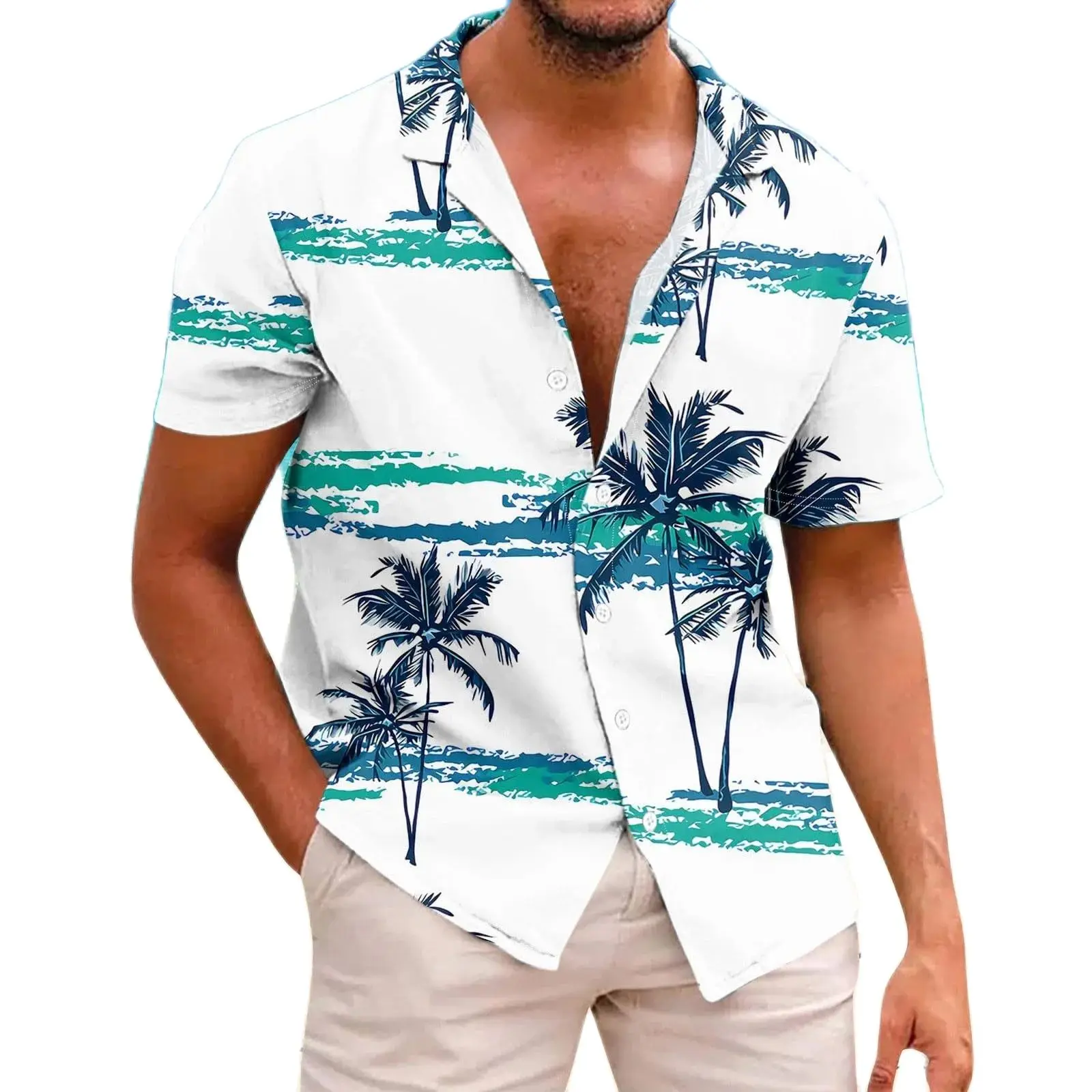 Coconut Tree Printed Men\'s Shirts Summer Loose Short Sleeve Lapel Hawaiian Beach Holiday Shirts Casual Button Down Shirts For Me