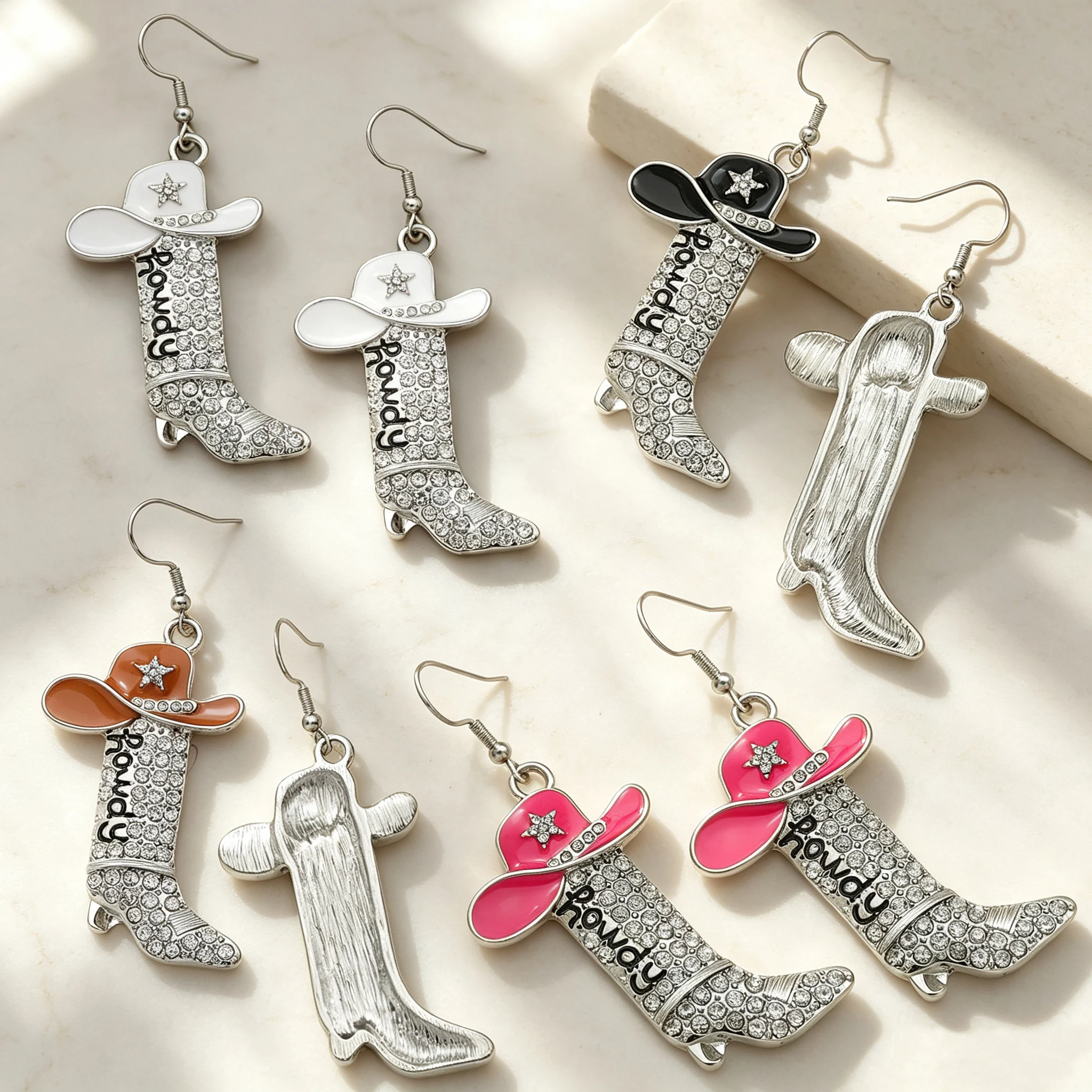 Women Rhinestone Western Boots Stainless Steel Hook Earrings Cowgirl Cowboy Enamel Hat Bohemian Rodeo Boot Drop Dangle Earrings
