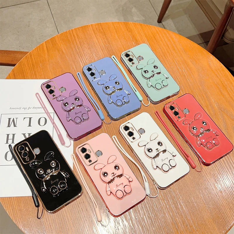 Cute Rabbit Plating Phone Bracket Case for Infinix Hot 12 12i 11 11S 10i 10 10S NFC 9 8 Pro Play Soft Back Cover with Lanyard