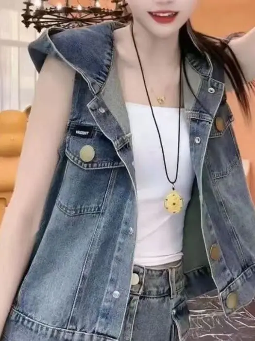 Women's Denim Vest Spring Autumn Short Loose Sleeveless Hooded Jacket Casual Fashion Outerwear Comfortable Breathable