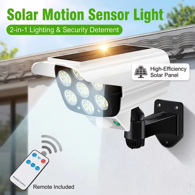 

77LED Outdoor Motion Sensor Solar Lights 2000 Lumens 3 Modes Waterproof Dummy Camera Security Wall Spotlight For Garden Street