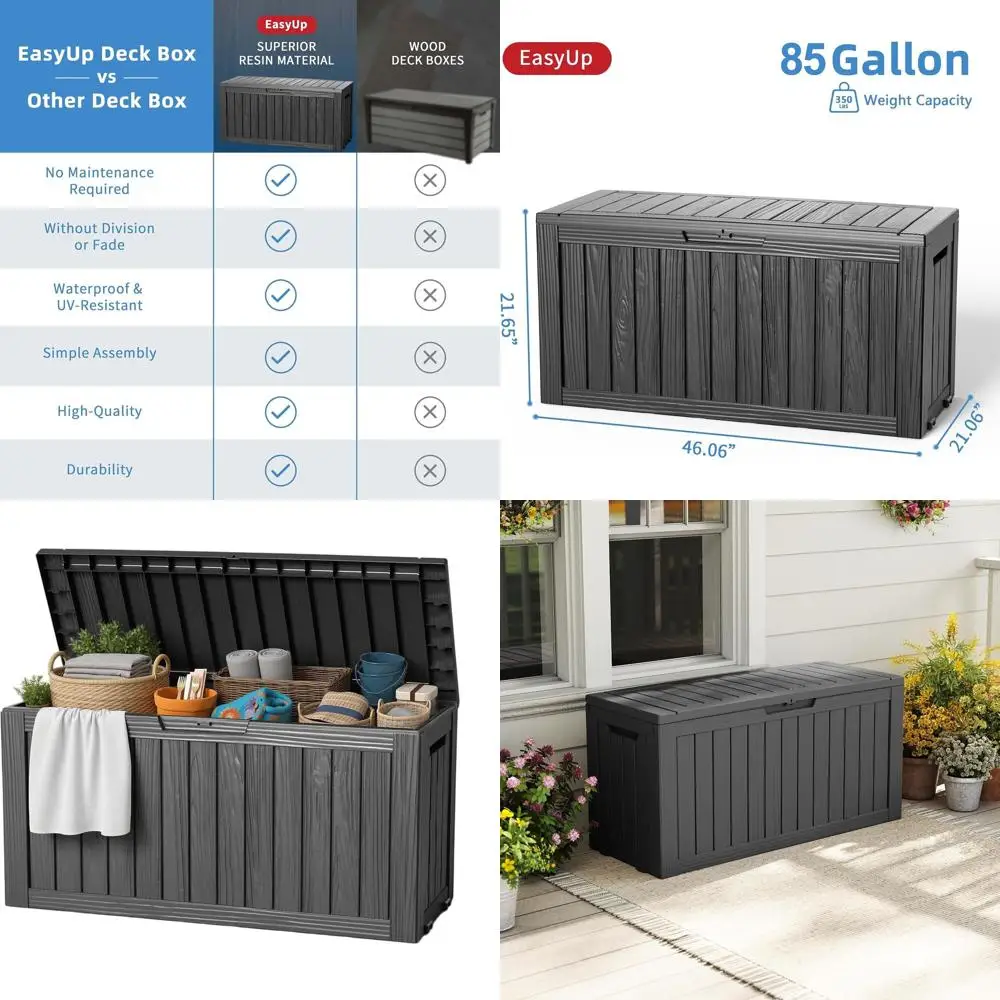 

85L Resin Deck Box, Waterproof and UV-Protected, Ideal for Patio, Garden, and Poolside Storage