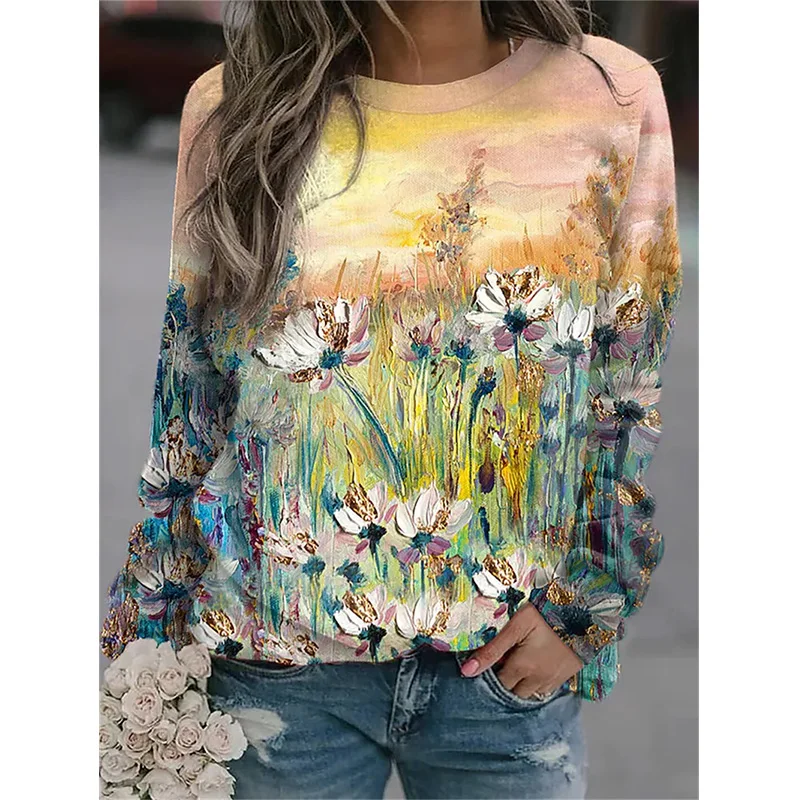 New Flower Hoodies Floral Oil Painting 3D Print Sweatshirts Women Y2k Hoodie Streetwear Oversized Pullovers Tops Woman Clothing