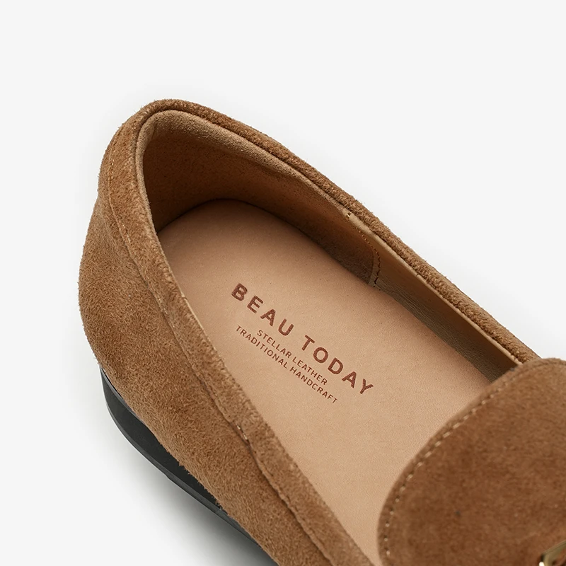 BEAUTODAY ريترو المتسكعون النساء جلد البقر المدبوغ جولة تو مشبك معدني حزام الخياطة الانزلاق على الشقق أحذية السيدات اليدوية 26325