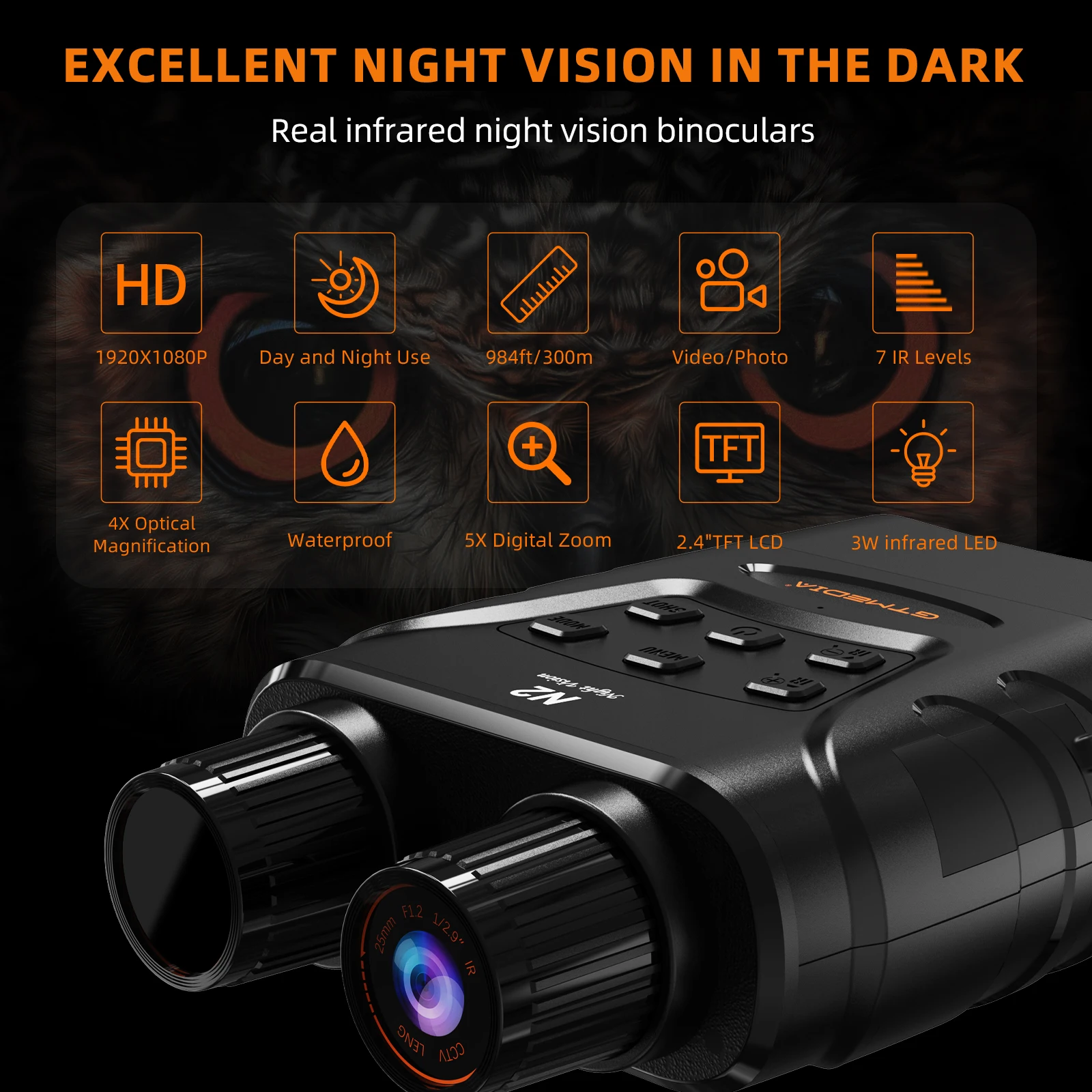 GTMEDIA N2 Night Vision Goggles Binoculars 2.4" HD TFT Screen 5X Zoom Infrared LED Handheld With Neck Strap for Camping Hiking