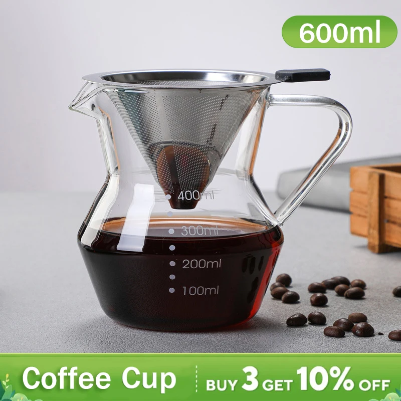 Borosilicate Glass Coffee Maker,400ml Paperless,Reusable Stainless Steel Filter,Dripper Brewer Coffee Pot,Espresso Accessories