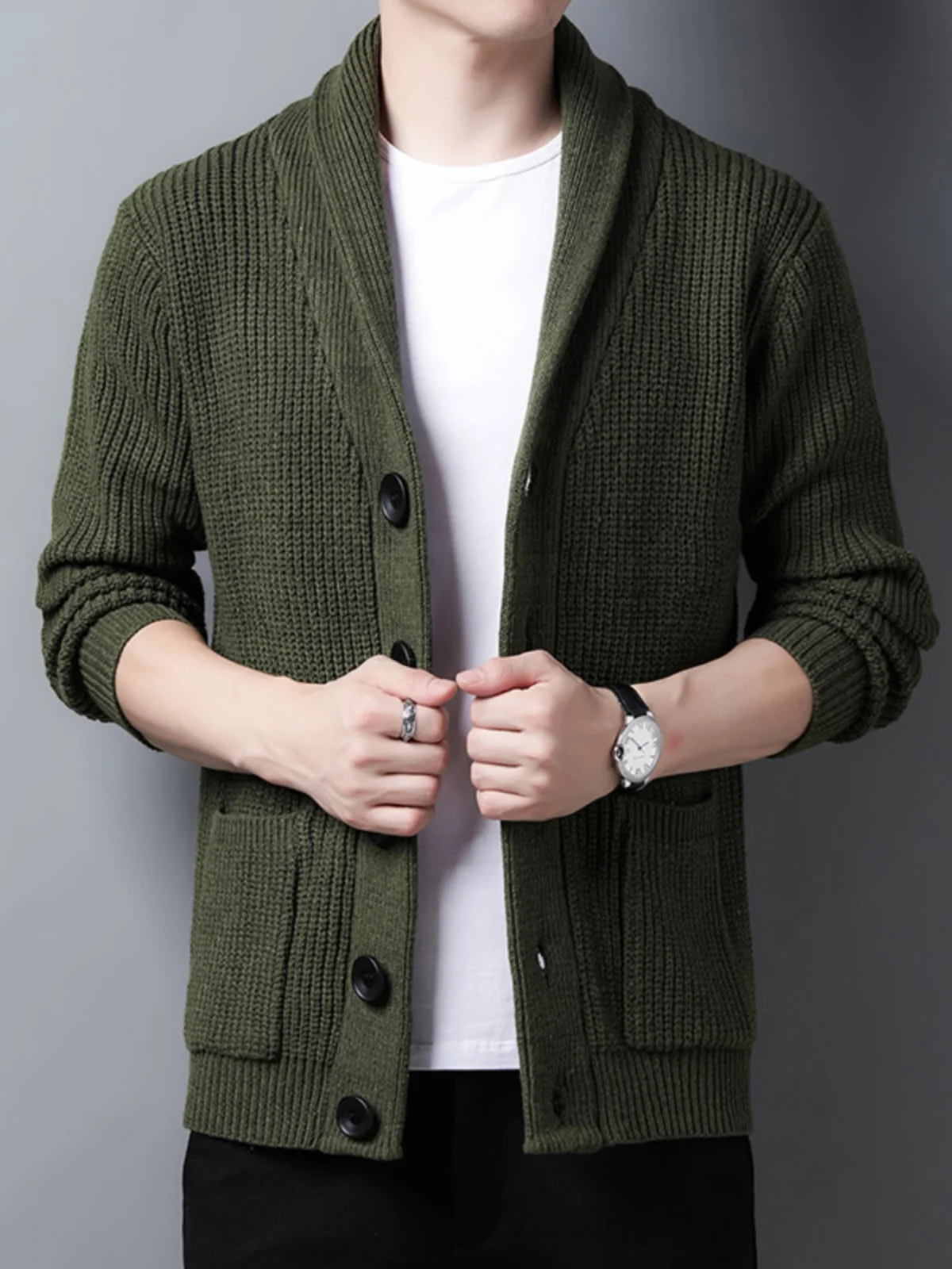 

High-End Wool Knitted Cardigan Men's Autumn Winter Large Size Collar Thiened Warm Casual Sweater V-Ne Long Sve Coat