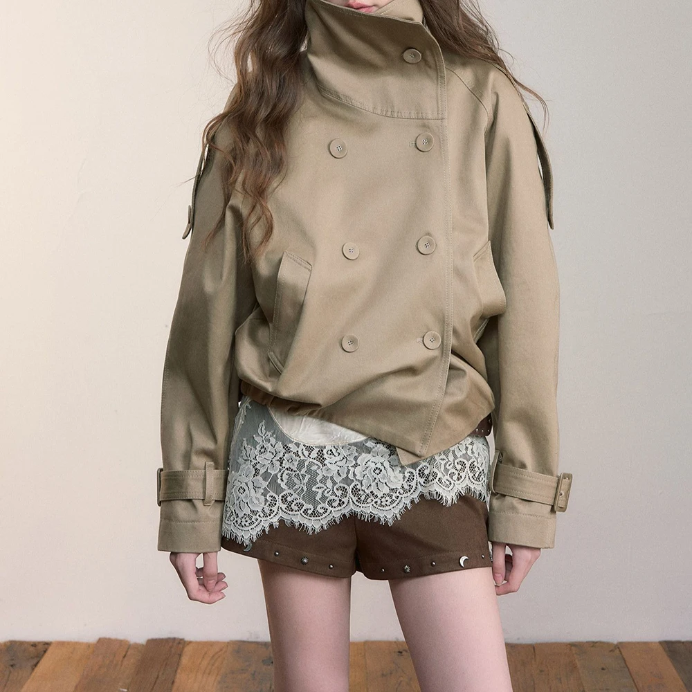 TWOTWINSTYLE Khakl Gesplitst Double Breasted Jas Vrouwelijke Coltrui Lange Mouw Streetwear vrouwen Jassen Herfst Mode Nieuwe