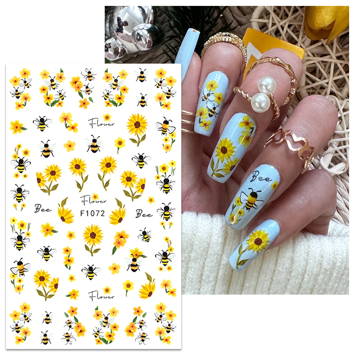 2 autocollants pour ongles abeille tournesol printemps et été, faciles à appliquer pour la décoration des ongles DIY, cadeaux, coiffage de maquillage de fête et de mariage