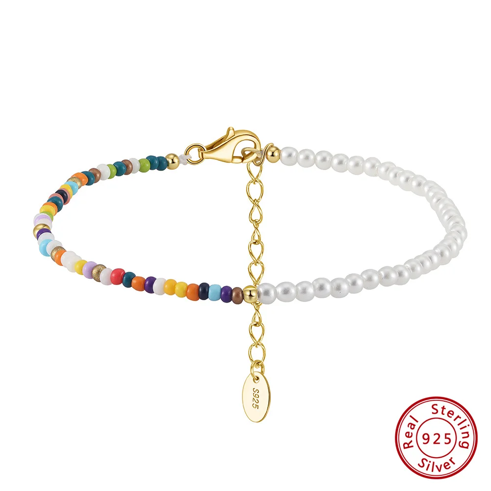 

KISS MANDY Bohemia Shell Beads Chain Bracelet For Women Real 925 Sterling Silver Rainbow Dainty Female Fashion Jewelry PSB05