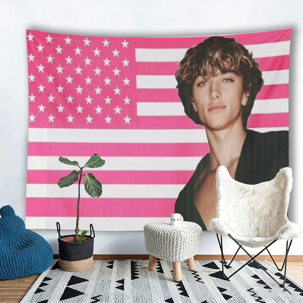 Pink American Flag Young Man Portrait Tapestry Y2K Aesthetic Wall Hanging Dorm Bedroom Decor