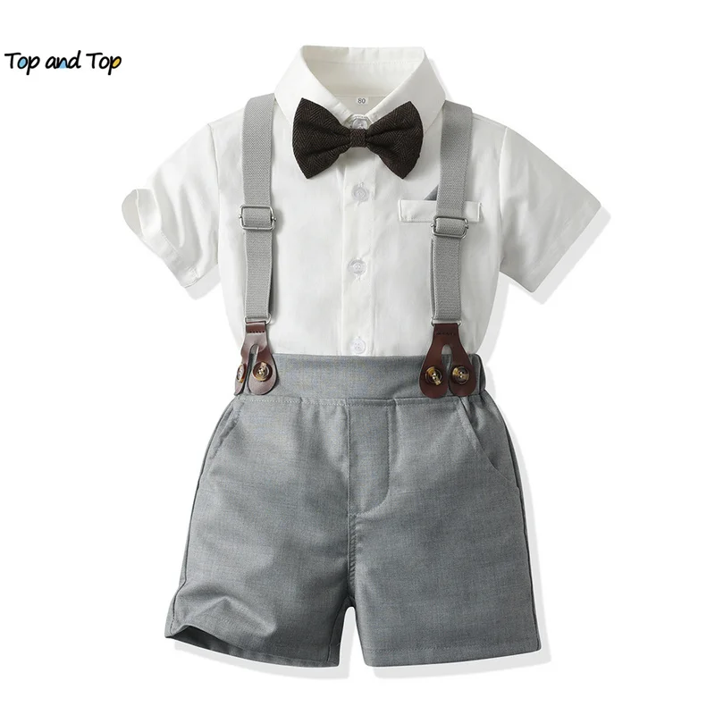 

top and top Toddler Boys Gentleman Clothing Sets Short Sleeve Bowtie Shirt+Suspenders Shorts Chidlren Boys Formal Suits Outfits