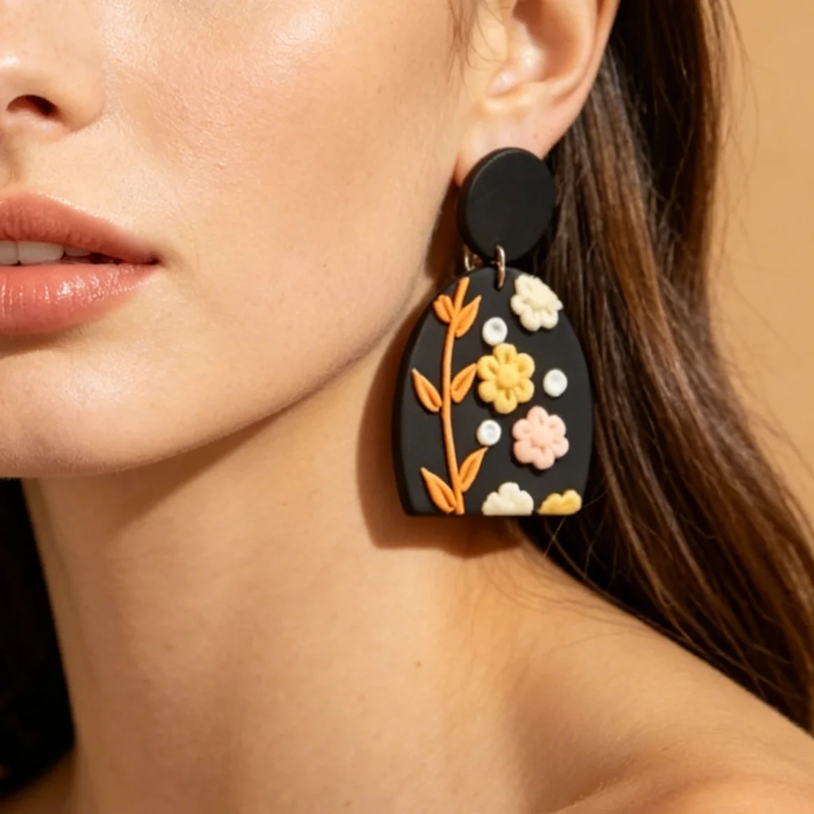 Boho Floral Polymer Clay Earrings Black Arch & Round Dangle Lightweight Handmade Vintage Chic Statement Jewelry for Women
