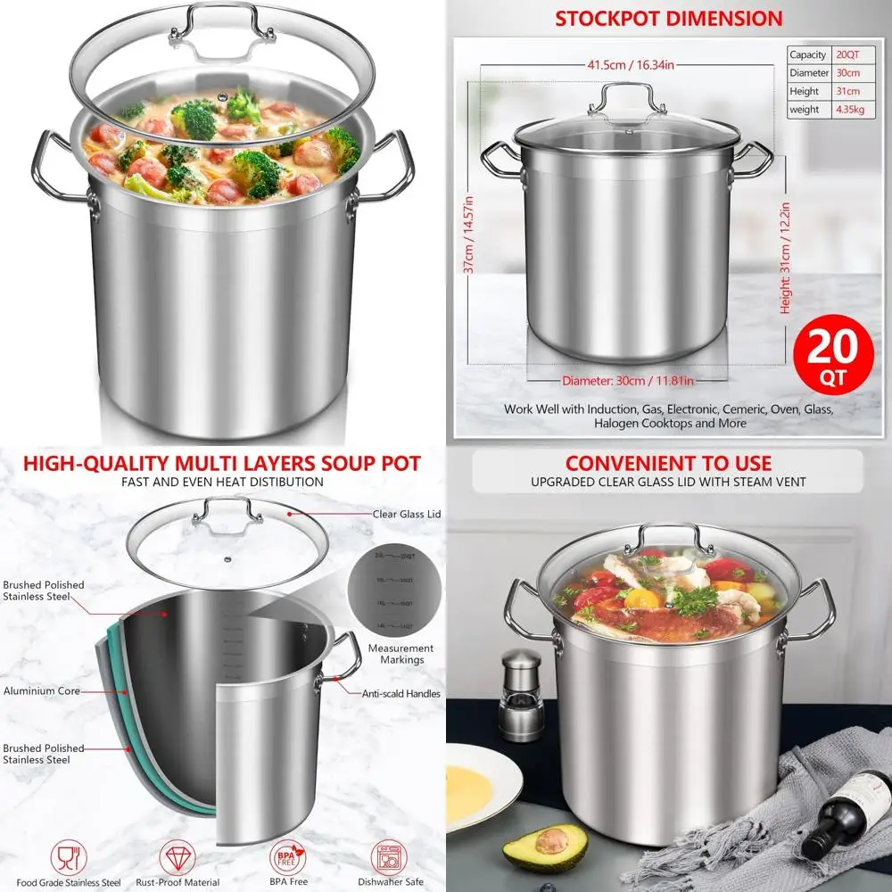 

Суповая кастрюля коммерческого класса на 20 литров — большая кастрюля из нержавеющей стали со стеклянной крышкой — здоровая посуда с полированной отделкой для здорового применения