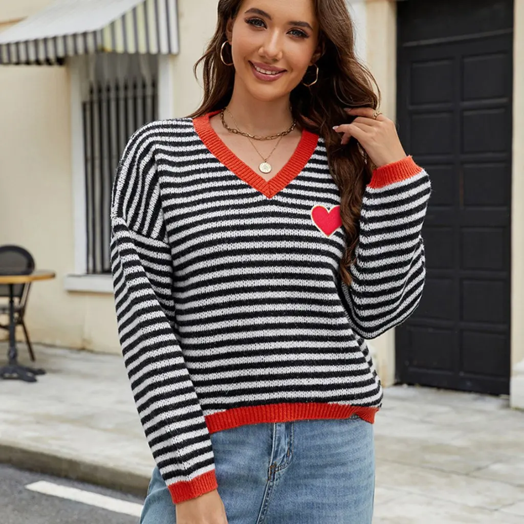 

Women's Striped V-neck Knitted Sweater European American Style Casual Love Top for Valentine's Day Fashion